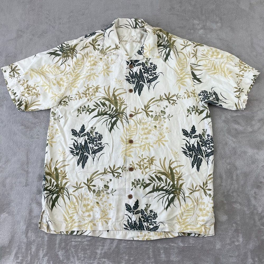 Tommy Bahama Camp Shirt Men Medium Ivory Palm Tree AOP Silk Short Sleeve Hawaii